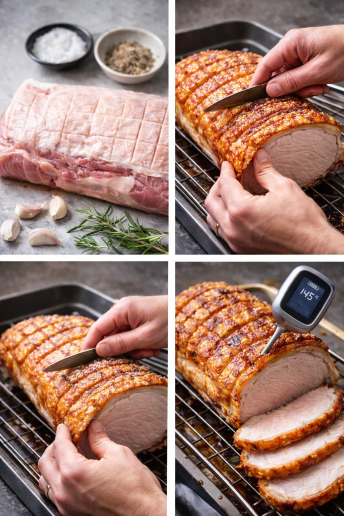 Roasted Pork Loin with Skin and Crispy Crackling 3 Roasted pork loin with skin, collage showing drying, scoring, salting, and temperature check.