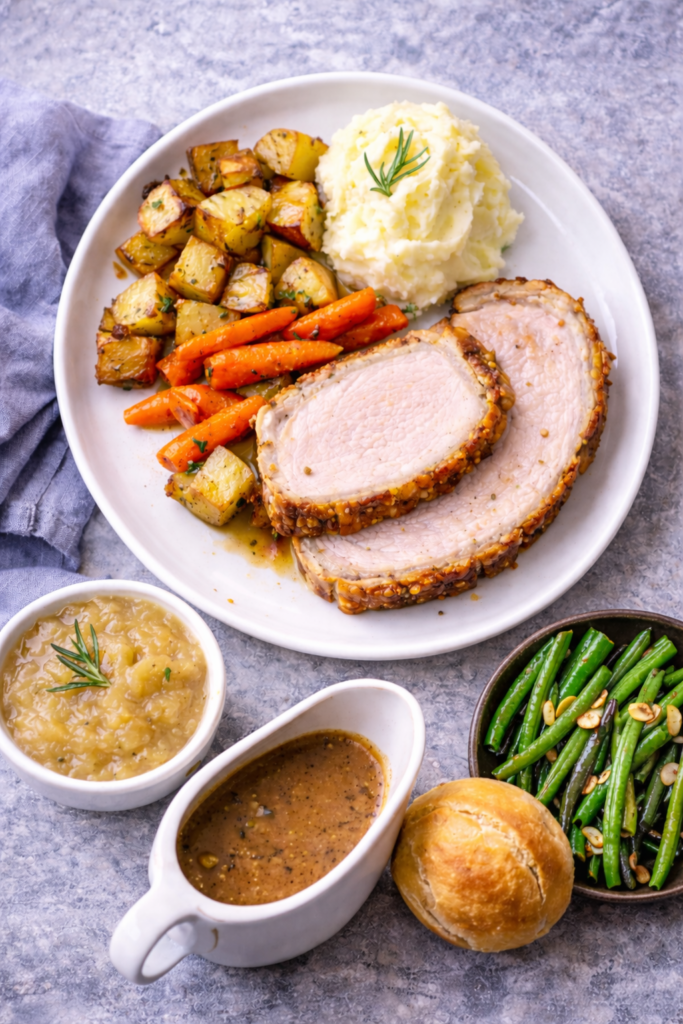 Roasted Pork Loin with Skin and Crispy Crackling 4 Roasted pork loin with skin, fork bite with crispy crackling over sliced pork and sides.