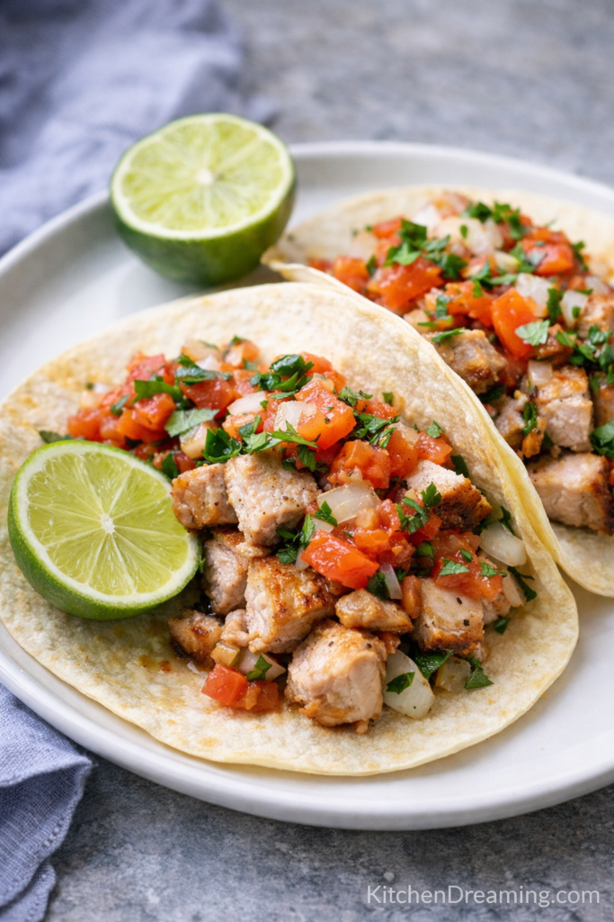 Roasted Pork Loin with Skin and Crispy Crackling 5 Roasted pork loin with skin, leftovers repurposed into tacos with salsa and lime.