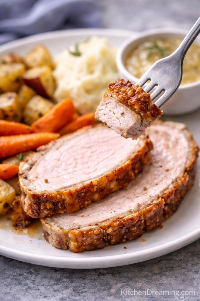 Roasted Pork Loin with Skin and Crispy Crackling 6 Roasted pork loin with skin, close-up of crispy crackling texture and blistered surface.