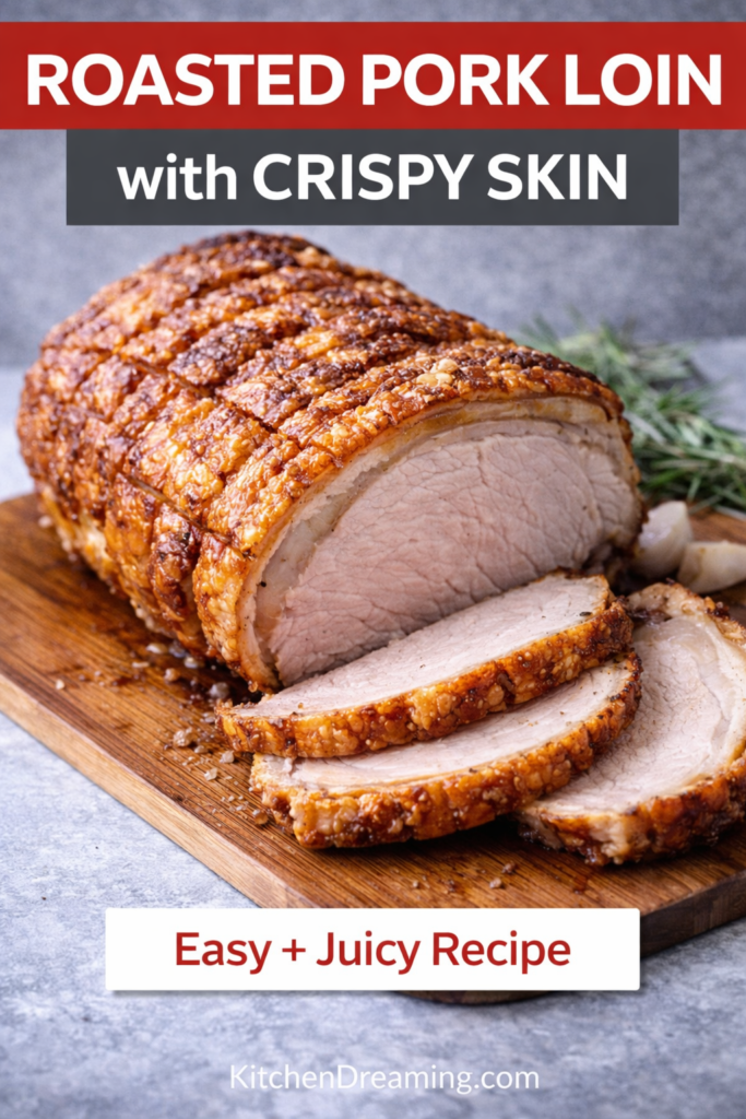Roasted Pork Loin with Skin and Crispy Crackling 9 Roasted pork loin with skin, sliced with crispy crackling and juicy meat.