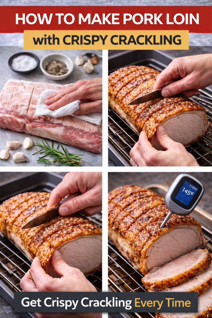 Roasted Pork Loin with Skin and Crispy Crackling 11 Roasted pork loin with skin, collage showing drying, scoring, salting, and temperature check.