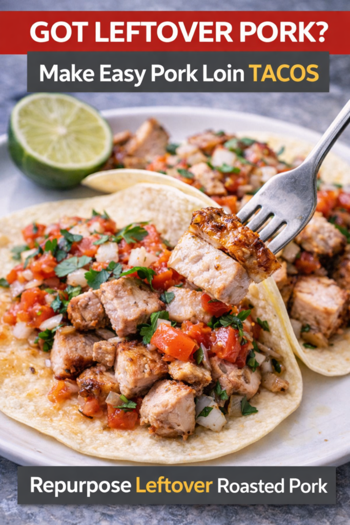 Roasted Pork Loin with Skin and Crispy Crackling 12 Roasted pork loin with skin, leftovers repurposed into tacos with salsa and lime.