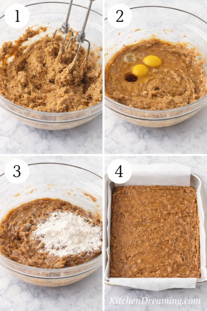 Chewy Brownie Recipe with Brown Sugar (Easy From Scratch) 2 Step by step collage for an easy chewy brownie recipe from scratch, showing mixing, adding eggs and vanilla, adding flour, and spreading batter into the pan.