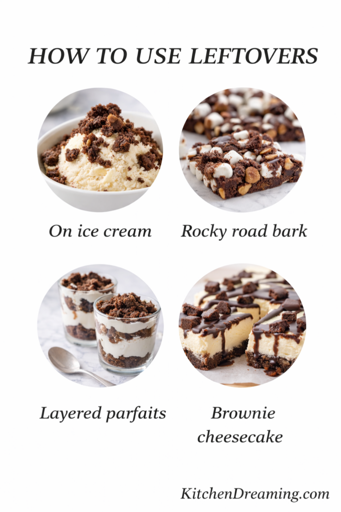 Chewy Brownie Recipe with Brown Sugar (Easy From Scratch) 4 Graphic showing ways to use leftover chewy brownies, including ice cream topping, layered parfaits, brownie bark, and brownie cheesecake style dessert.