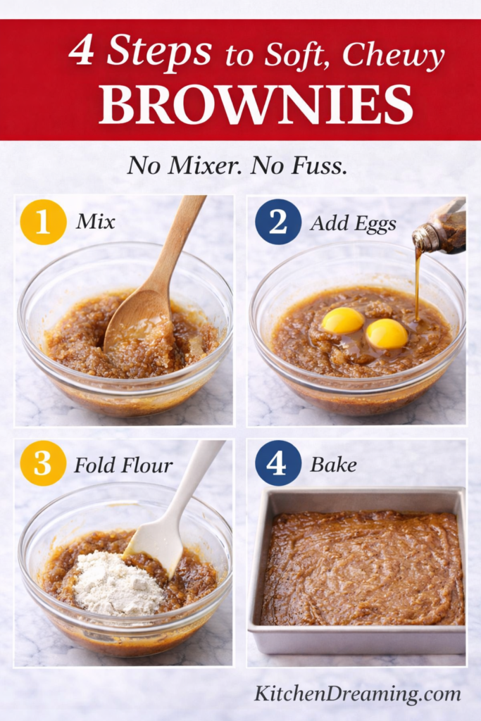 Chewy Brownie Recipe with Brown Sugar (Easy From Scratch) 10 Four step process collage for an easy chewy brownie recipe from scratch, showing mixing, adding eggs, folding flour, and baking.