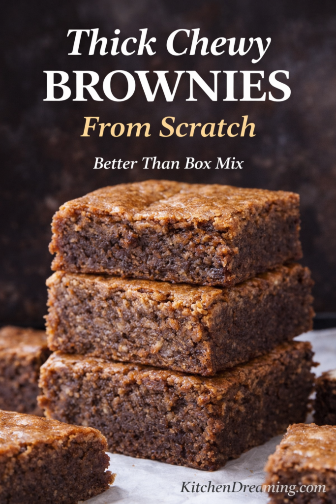 Chewy Brownie Recipe with Brown Sugar (Easy From Scratch) 12 Thick chewy brownie recipe made with brown sugar, showing stacked brownies with a dense, soft center.