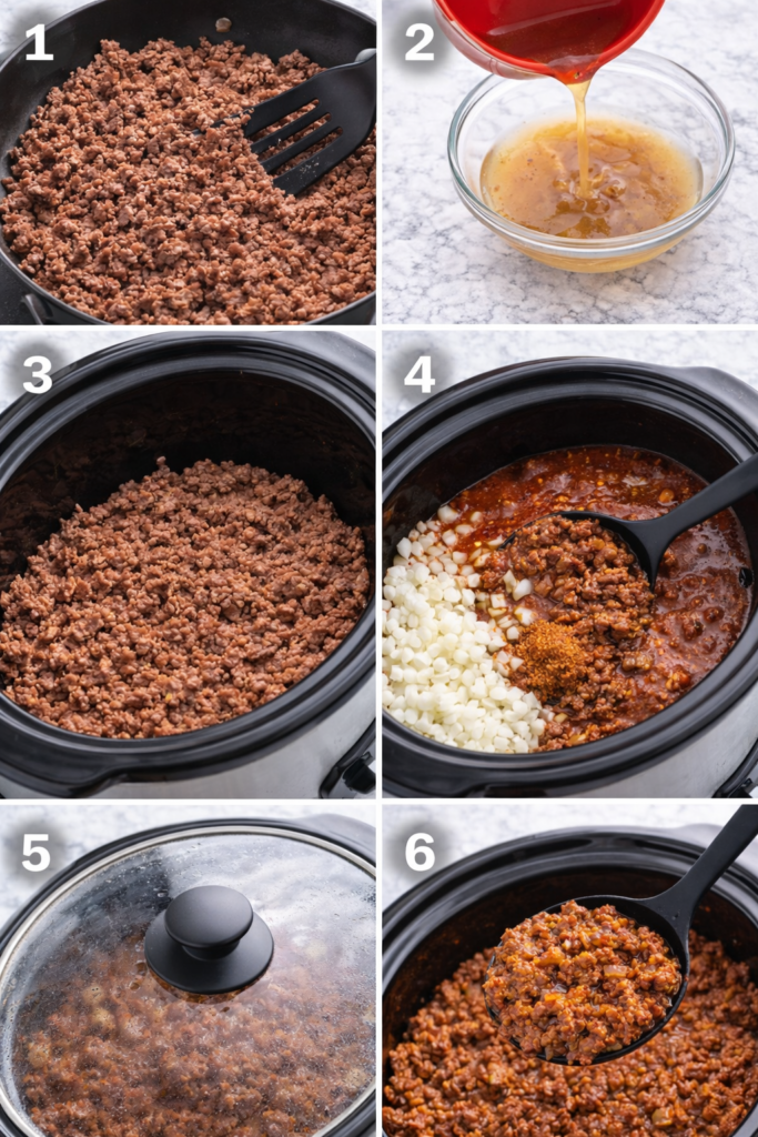 Best Slow Cooker Taco Meat (Easy Crockpot Recipe for Tacos & Meal Prep) 3 Step-by-step collage for slow cooker taco meat, from browning beef to finished taco filling.