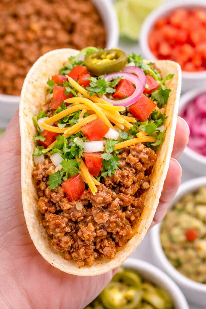 Best Slow Cooker Taco Meat (Easy Crockpot Recipe for Tacos & Meal Prep) 6 Built taco held close to camera with slow cooker taco meat and fresh toppings.