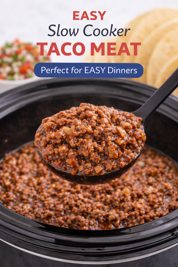 Best Slow Cooker Taco Meat (Easy Crockpot Recipe for Tacos & Meal Prep) 9 Slow cooker taco meat in a crockpot with tortillas and toppings nearby.