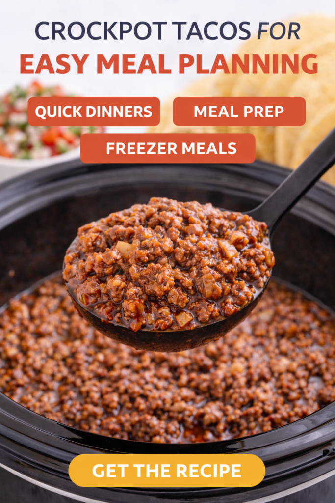 Best Slow Cooker Taco Meat (Easy Crockpot Recipe for Tacos & Meal Prep) 10 Slow cooker taco meat in a crockpot with text about meal prep and freezer meals.