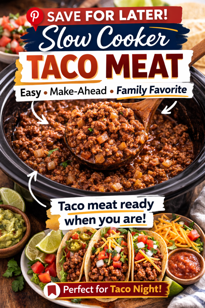 Best Slow Cooker Taco Meat (Easy Crockpot Recipe for Tacos & Meal Prep) 13 Slow cooker taco meat in a crockpot with a save-for-later message and taco night setup.