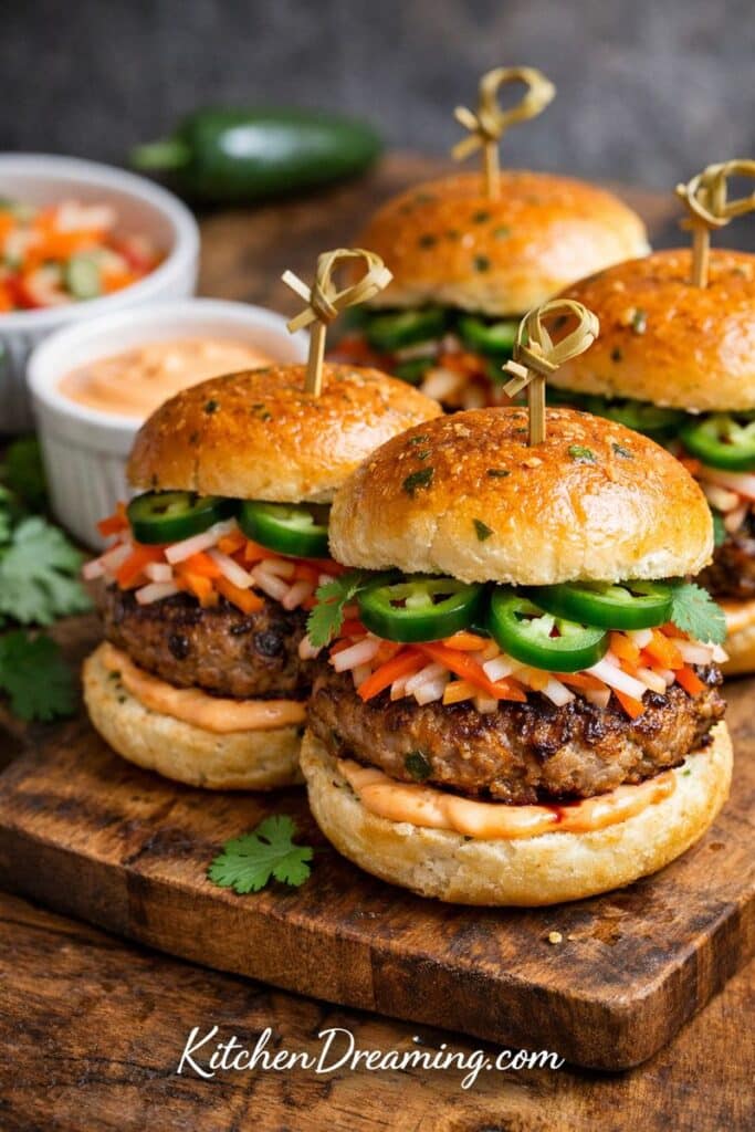 Ground pork banh mi sliders stacked on soft rolls with pickled slaw, jalapeños, cilantro, and sriracha mayo on a wooden board.