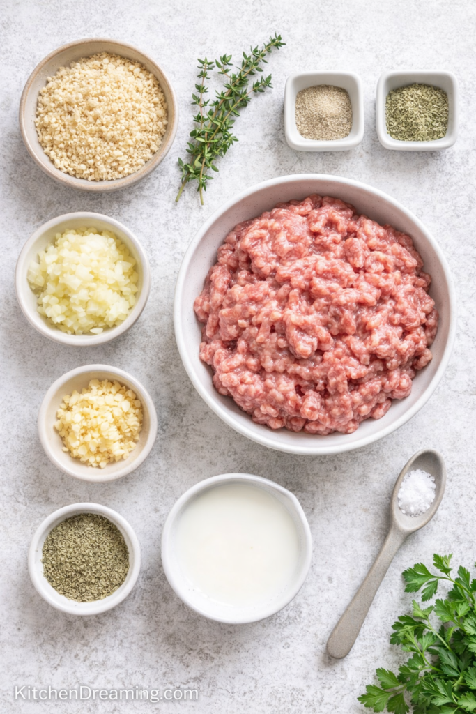 Irish Sausage Recipe - Traditional Irish Bangers at Home 2 Irish sausage recipe ingredients overhead flat lay with pork and seasonings.