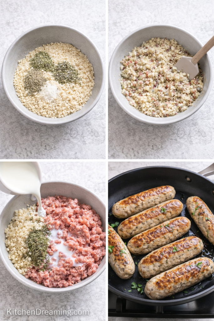 Irish Sausage Recipe - Traditional Irish Bangers at Home 3 Irish sausage recipe step by step mixing shaping and cooking collage.