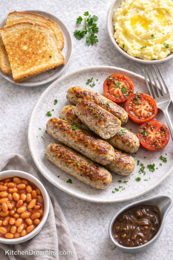 Irish Sausage Recipe - Traditional Irish Bangers at Home 4 Irish sausage recipe plated with beans tomatoes and mashed potatoes overhead.