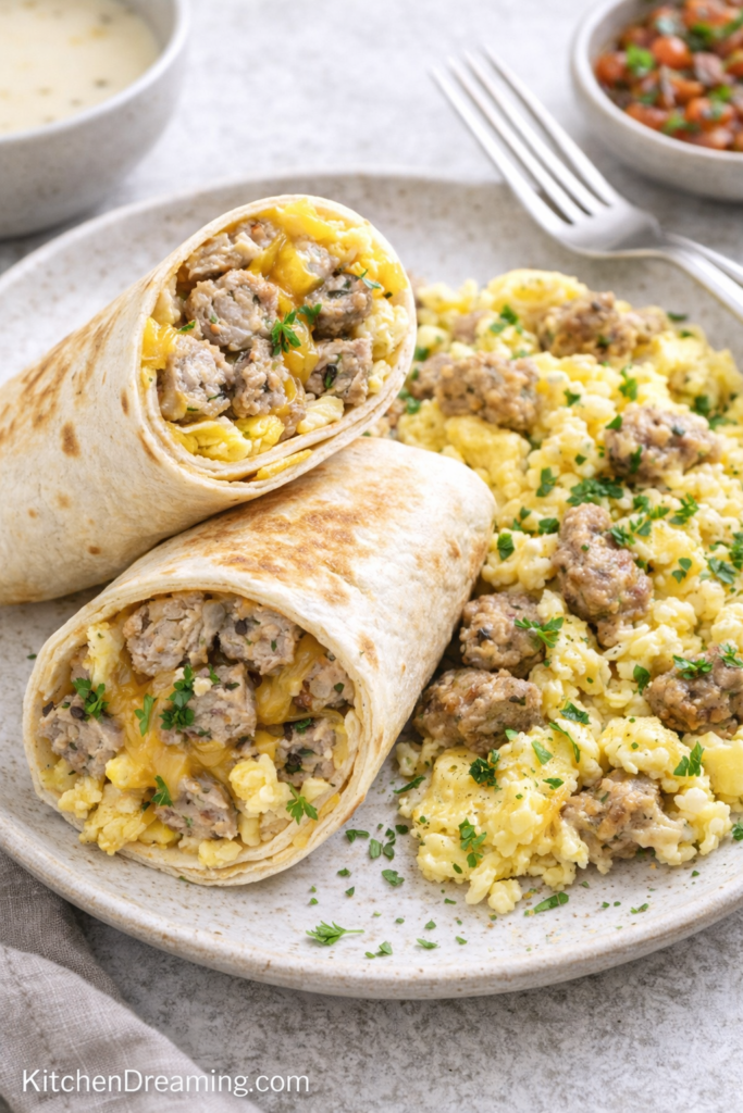 Irish Sausage Recipe - Traditional Irish Bangers at Home 5 Irish sausage recipe leftovers in breakfast burrito with scrambled eggs.