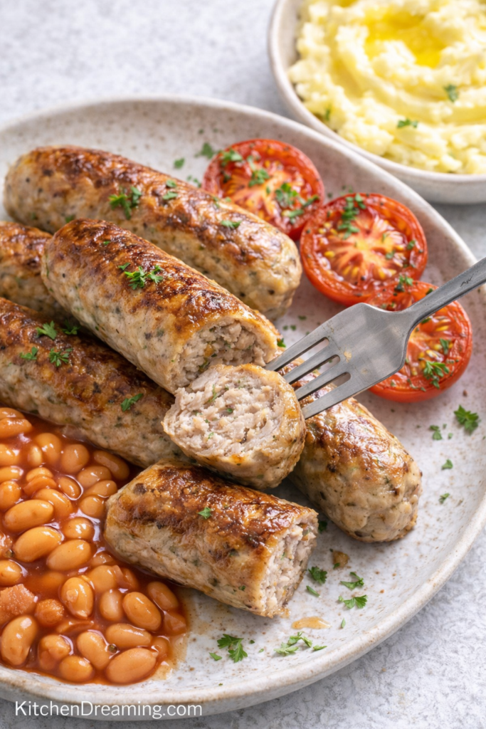 Irish Sausage Recipe - Traditional Irish Bangers at Home 6 Irish sausage recipe fork cutting into traditional Irish banger.