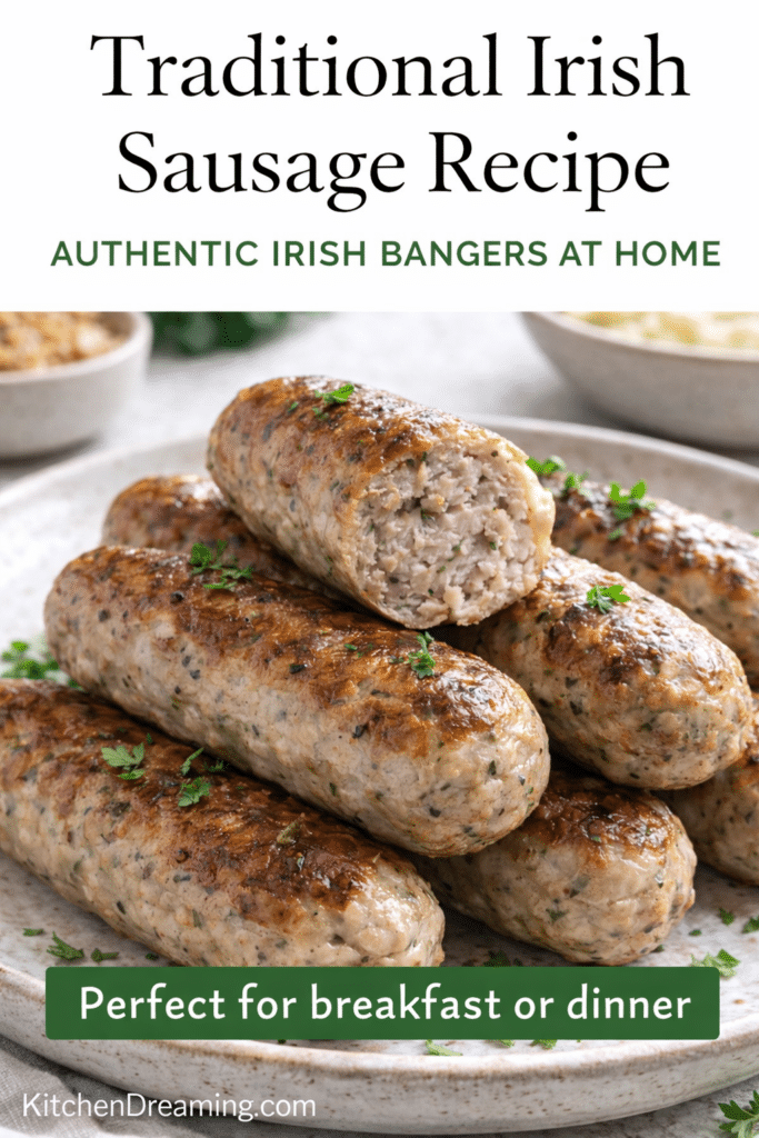 Irish sausage recipe traditional Irish bangers stacked on plate.