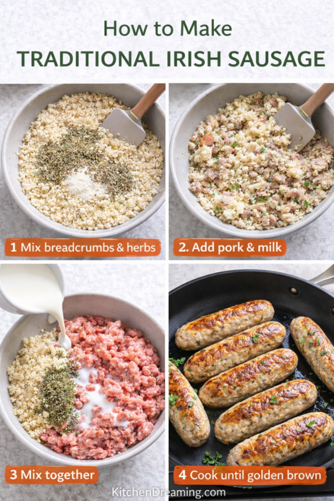 Irish Sausage Recipe - Traditional Irish Bangers at Home 10 Irish sausage recipe step by step mixing and cooking process.