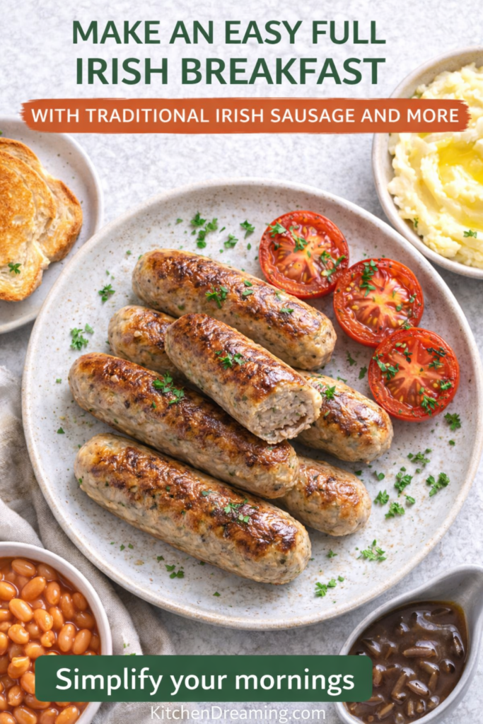 Irish Sausage Recipe - Traditional Irish Bangers at Home 11 Irish sausage recipe served in a full Irish breakfast plate.