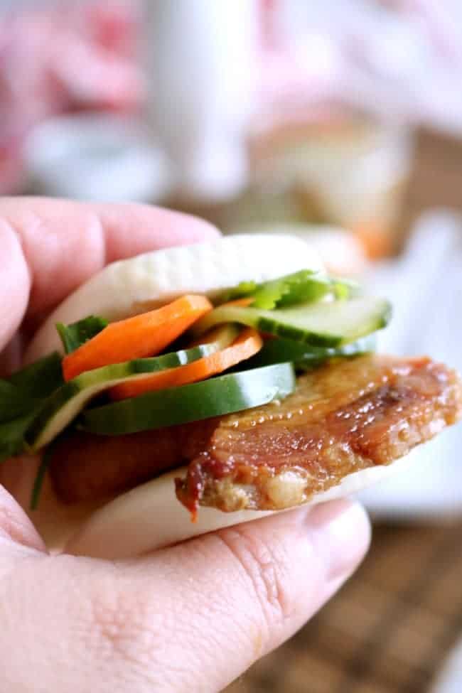 The flavors of this Asian Pork Belly Bun are amazing. The pork belly is soft, unctuous and delicious dipped in the sweet hoisin sauce. It's an impressive appetizer.