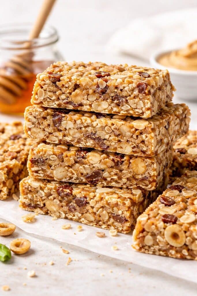 Stacked homemade no-bake granola bars made with peanut butter, honey, oats, cereal, nuts, and dates, showing a chewy texture in a healthy no-bake granola bar recipe.