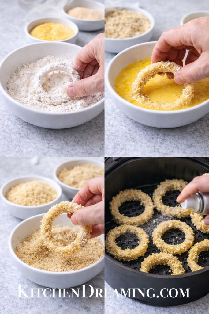 Crispy Air Fryer Onion Rings Recipe (Easy Homemade Version) 3 Step-by-step process for making air fryer onion rings in the air fryer.