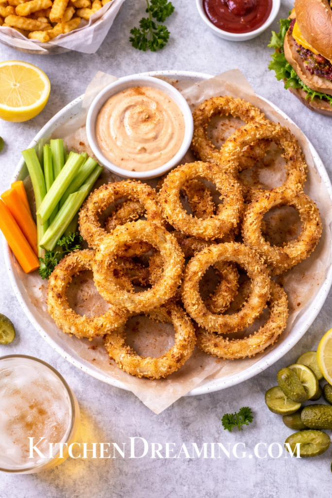 Crispy Air Fryer Onion Rings Recipe (Easy Homemade Version) 4 Plated air fryer onion rings with dipping sauce and burger sides.