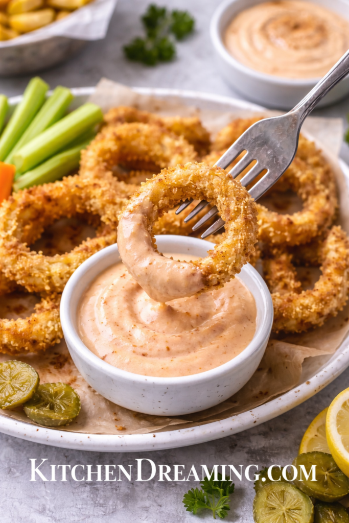 Crispy Air Fryer Onion Rings Recipe (Easy Homemade Version) 6 Fork lifting crispy air fryer onion rings dipped in sauce.