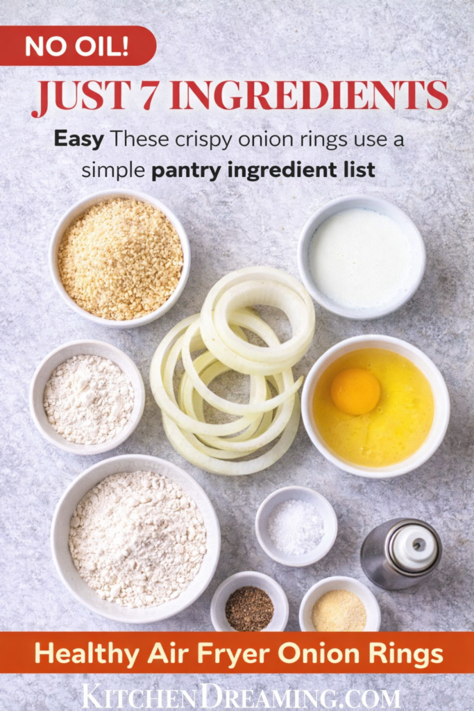 Crispy Air Fryer Onion Rings Recipe (Easy Homemade Version) 10 Air fryer onion rings ingredients arranged overhead with onion slices and breading.