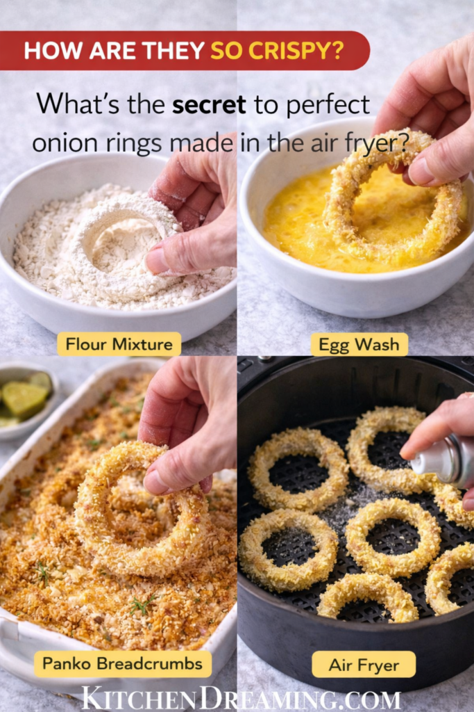 Crispy Air Fryer Onion Rings Recipe (Easy Homemade Version) 11 Air fryer onion rings step-by-step collage showing flour, egg, panko, and air fryer.