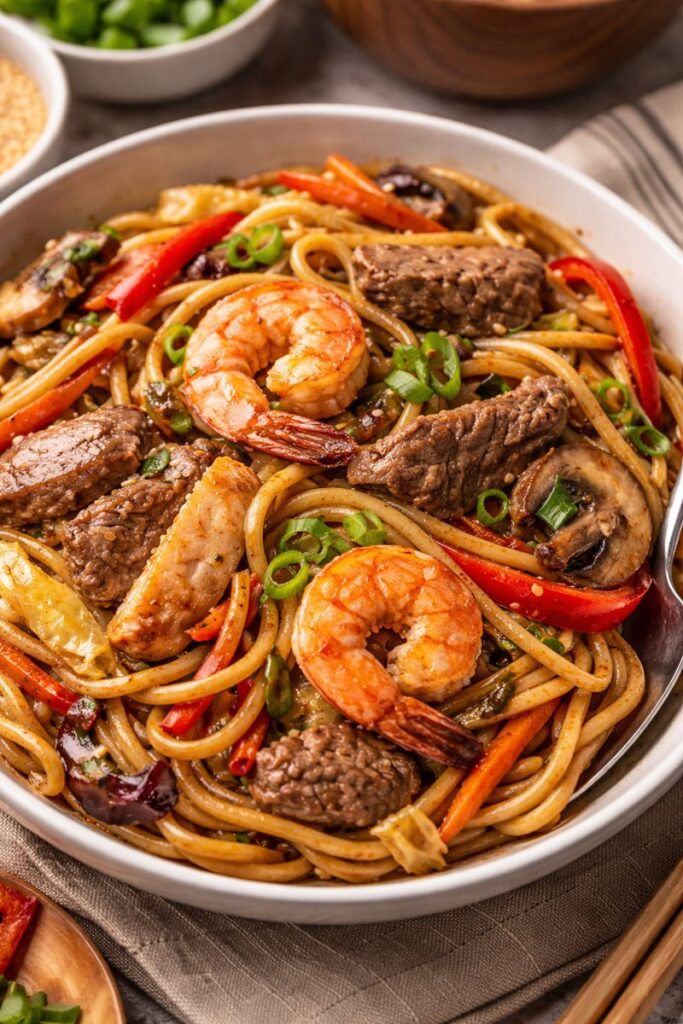 A bowl of loaded house lo mein with shrimp, beef, chicken, vegetables, and glossy egg noodles.