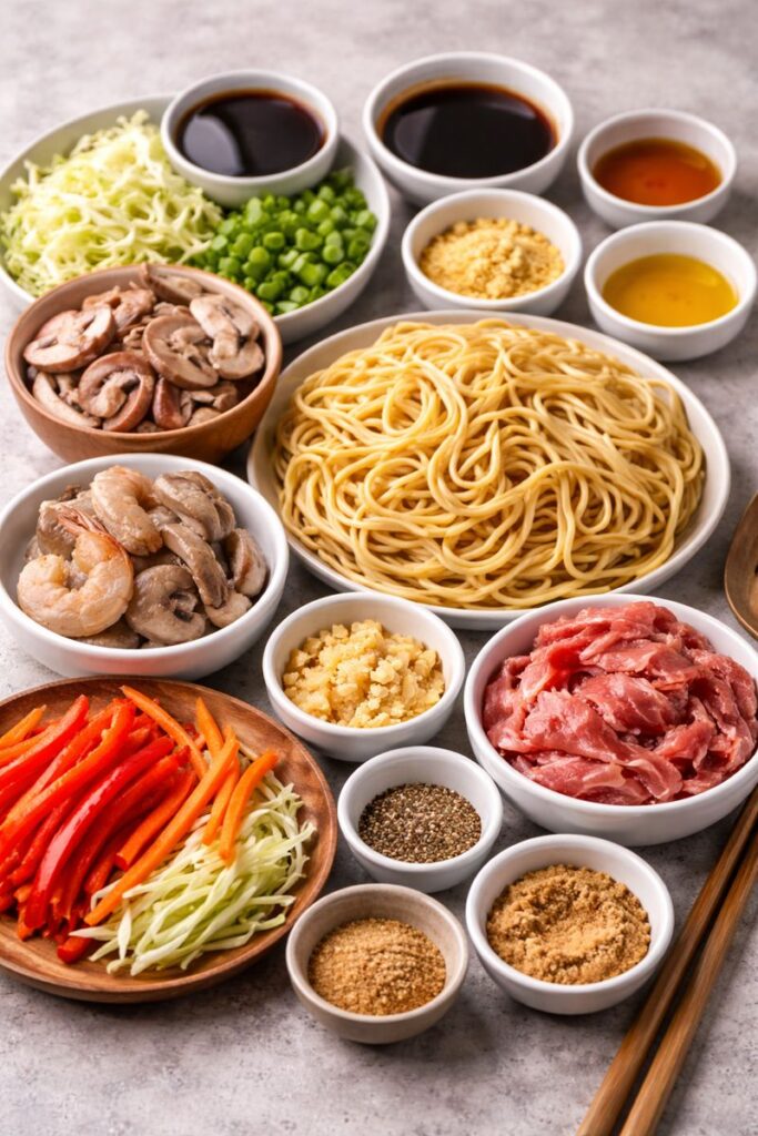 Loaded House Lo Mein 2 House lo mein ingredients including egg noodles, shrimp, beef, chicken, vegetables, garlic, ginger, and sauces.