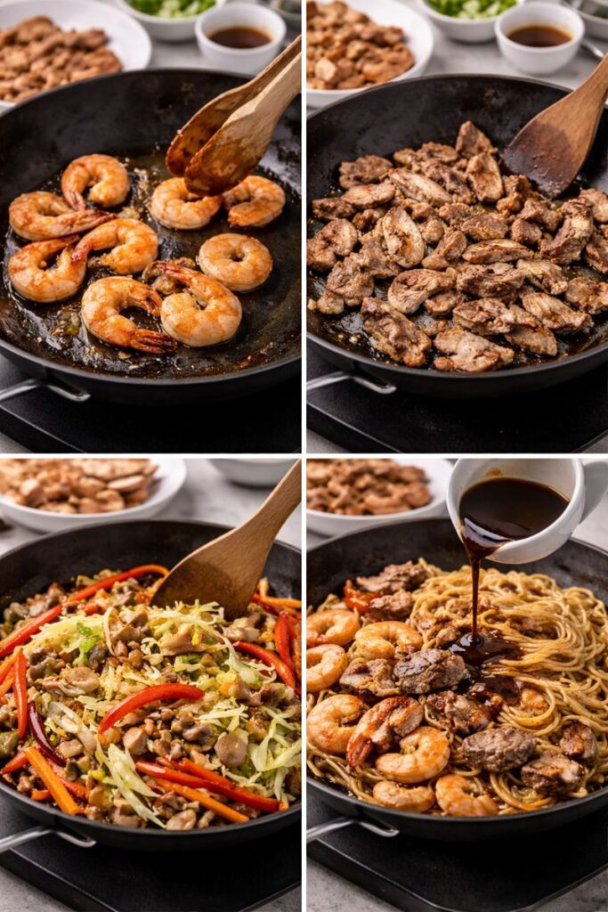 Loaded House Lo Mein 3 Step-by-step cooking process showing shrimp, beef, vegetables, and noodles in a skillet.
