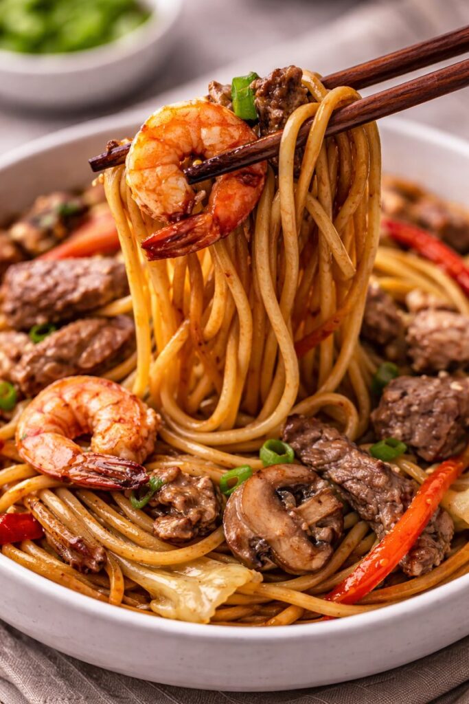 Loaded House Lo Mein 5 Close-up of lo mein noodles lifted with chopsticks, showing shrimp, beef, and glossy sauce.