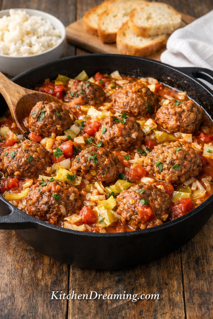 Deconstructed Cabbage Roll Recipe (Easy One-Pan Comfort Dinner) 1 Deconstructed cabbage roll recipe in a skillet with cabbage roll meatballs, rice, and cabbage in tomato sauce.