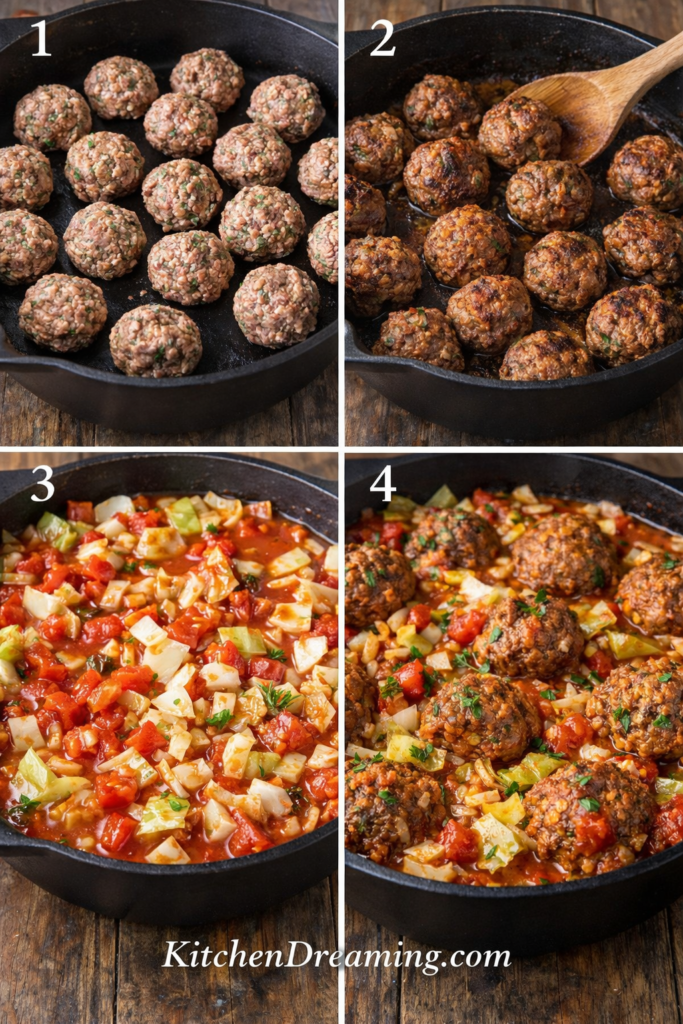 Deconstructed Cabbage Roll Recipe (Easy One-Pan Comfort Dinner) 2 Easy cabbage roll dinner made as a deconstructed cabbage roll recipe with cabbage roll meatballs in tomato sauce.