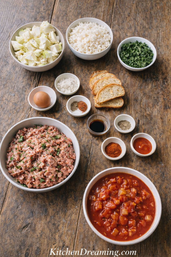 Deconstructed Cabbage Roll Recipe (Easy One-Pan Comfort Dinner) 3 Cabbage roll meatballs in tomato sauce with cabbage and rice as a deconstructed cabbage roll recipe.