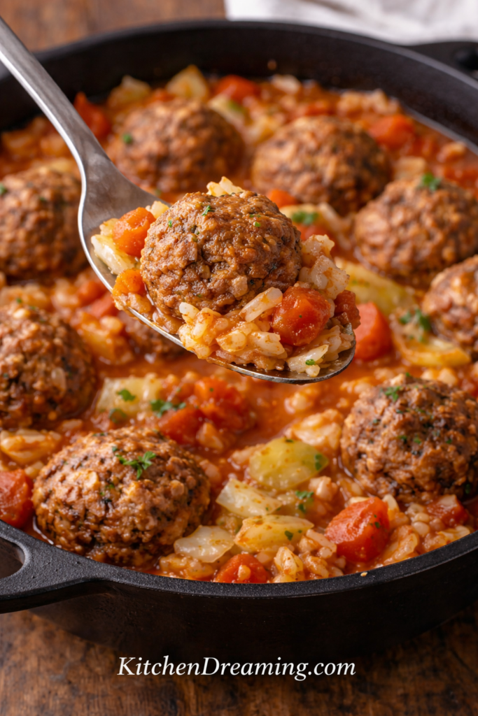 Deconstructed Cabbage Roll Recipe (Easy One-Pan Comfort Dinner) 5 Close up fork bite of deconstructed cabbage roll recipe showing cabbage roll meatballs with rice and cabbage in tomato sauce.