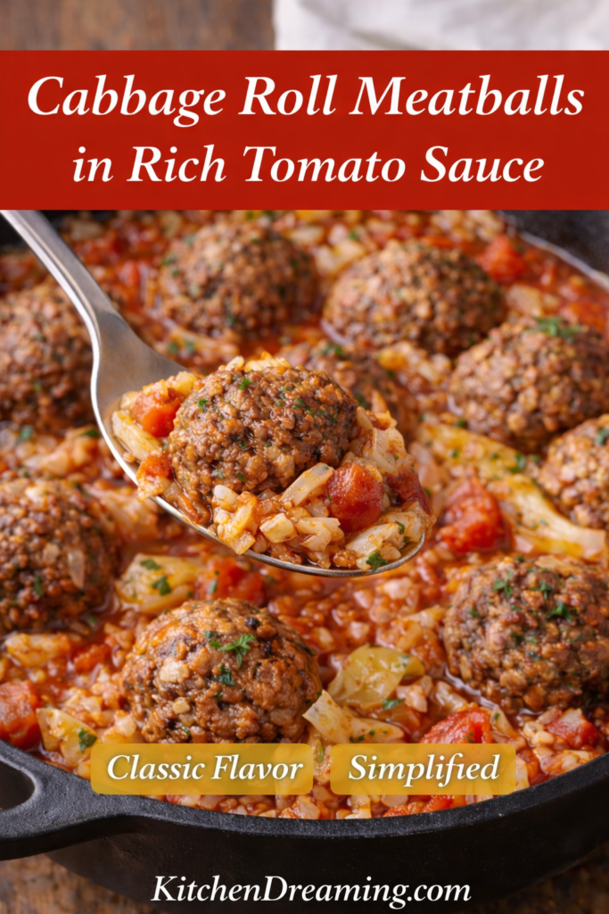 Deconstructed Cabbage Roll Recipe (Easy One-Pan Comfort Dinner) 10 Close up of cabbage roll meatballs in tomato sauce as a deconstructed cabbage roll recipe.