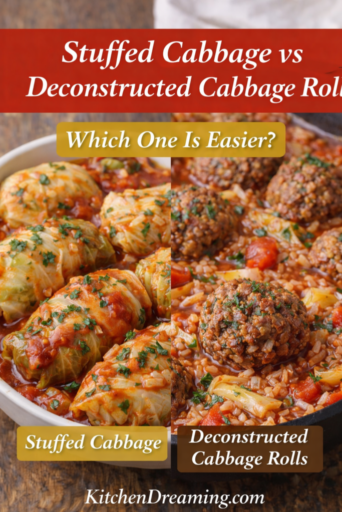Deconstructed Cabbage Roll Recipe (Easy One-Pan Comfort Dinner) 11 Comparison image of stuffed cabbage rolls and deconstructed cabbage roll recipe side by side.