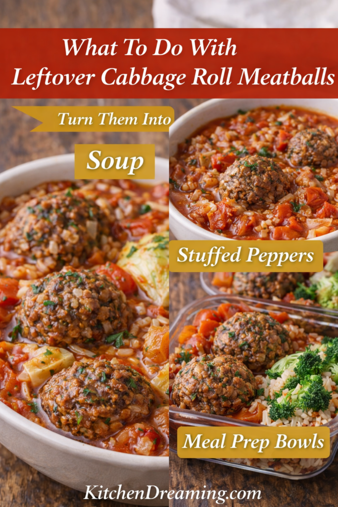 Deconstructed Cabbage Roll Recipe (Easy One-Pan Comfort Dinner) 4 Leftover cabbage roll meatballs repurposed into soup and meal prep bowls from a deconstructed cabbage roll recipe.