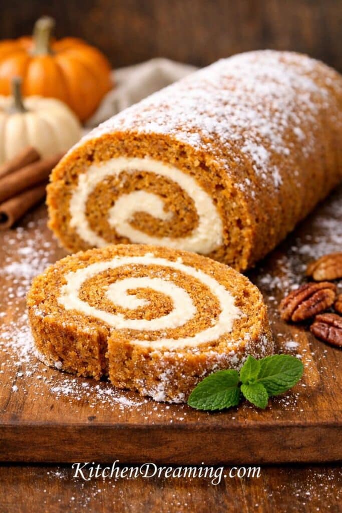 Pumpkin roll with buttercream filling sliced into spirals, dusted with powdered sugar on a rustic board.