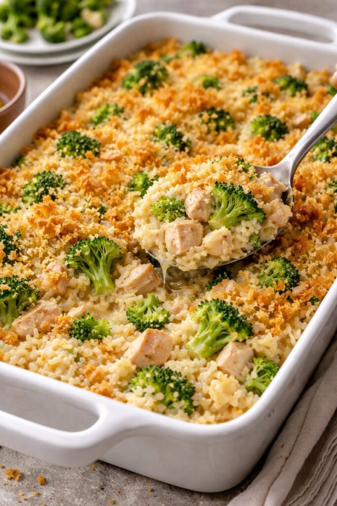 Leftover turkey rice casserole in a white baking dish with broccoli, creamy rice, and a golden panko topping, served with a spoon.