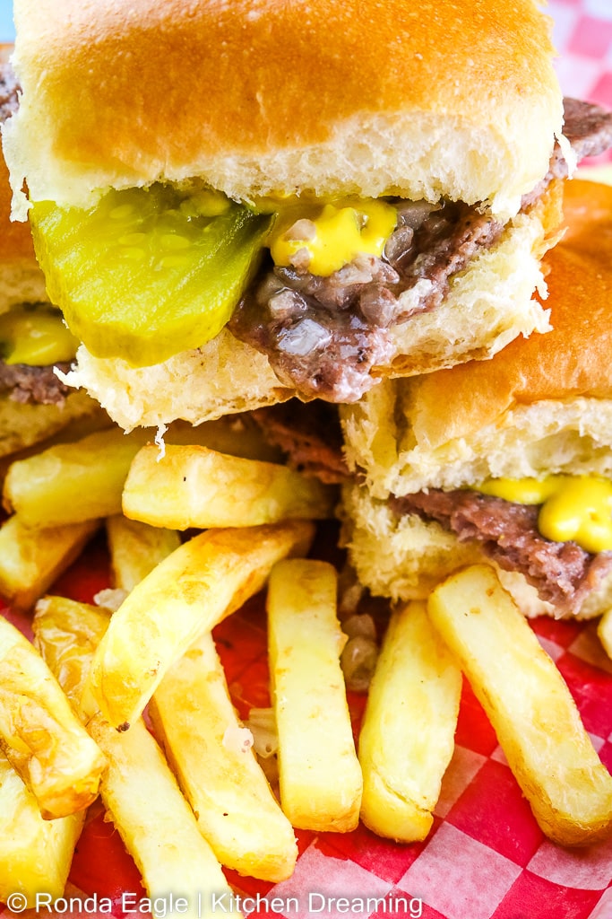 An up-close photo of a copycat Krystal burger.