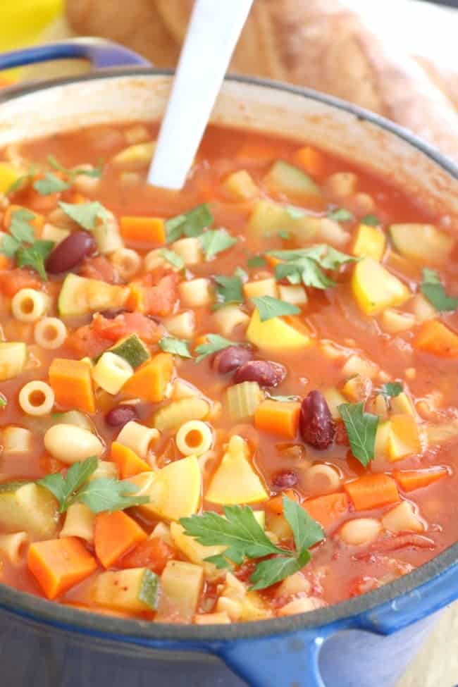 Italian minestrone soup with pasta and beans is hearty and delicious. So much so that my husband didn't miss the meat at all in this soup. If you were so inclined, you could add some browned ground beef or tofu crumbles and have a delicious beef vegetable soup. This soup is bursting with flavor and ready in just 30-minutes!