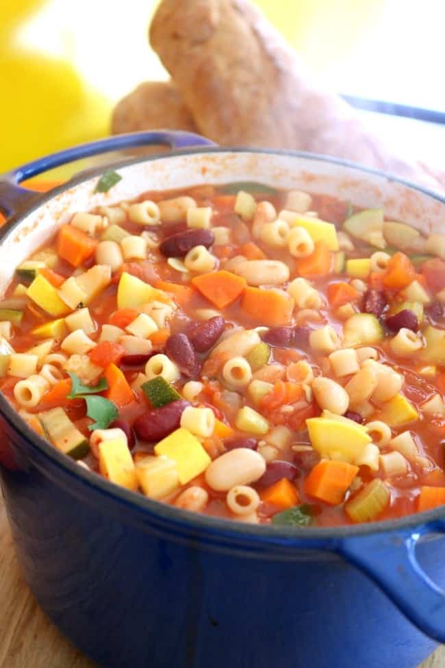 Italian minestrone soup with pasta and beans is hearty and delicious. So much so that my husband didn't miss the meat at all in this soup. If you were so inclined, you could add some browned ground beef or tofu crumbles and have a delicious beef vegetable soup. This soup is bursting with flavor and ready in just 30-minutes!