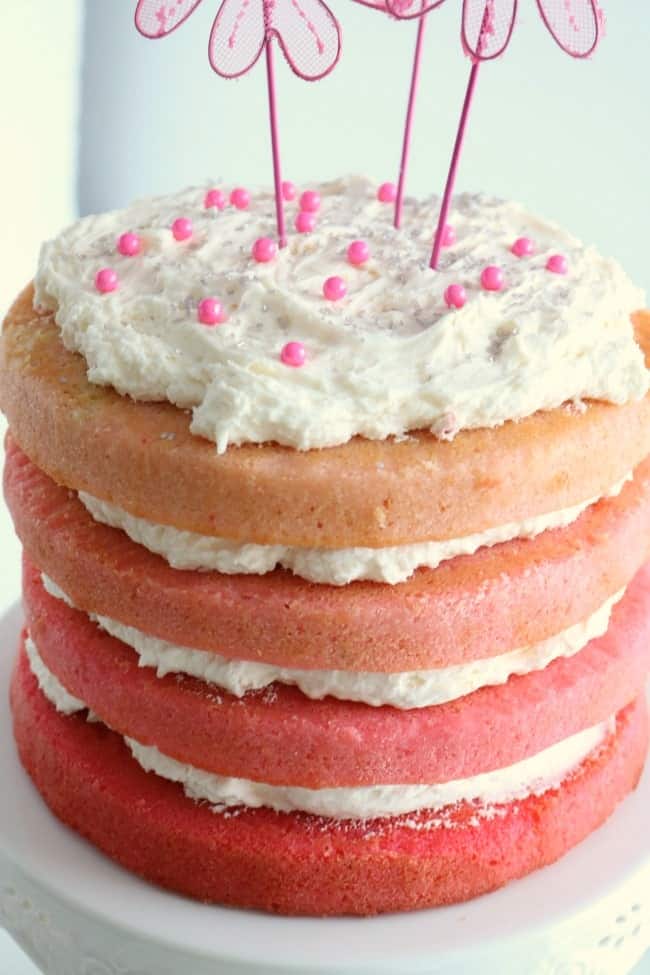 A pink ombre cake on a stand close up