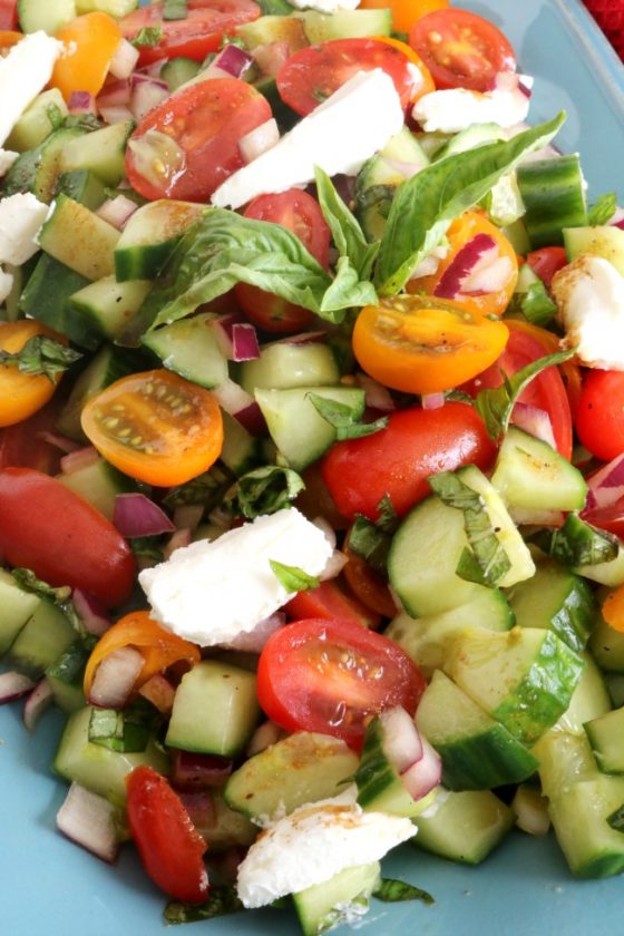 Tomato Basil Cucumber Salad with Goat Cheese and Balsamic Vinaigrette